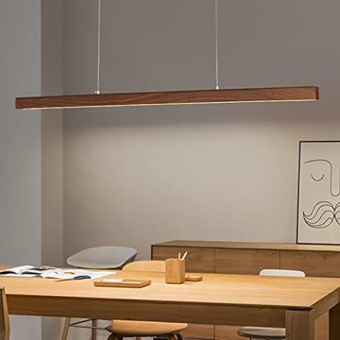 Lámpara Colgante LED de Madera Lámpara Colgante Moderna de Diseño Lineal Regulable con Mando a Distancia Lámpara Colgante de mesa de Comedor Altura Ajustable Comedor OfficeLamp (Color Nogal, L120cm)  