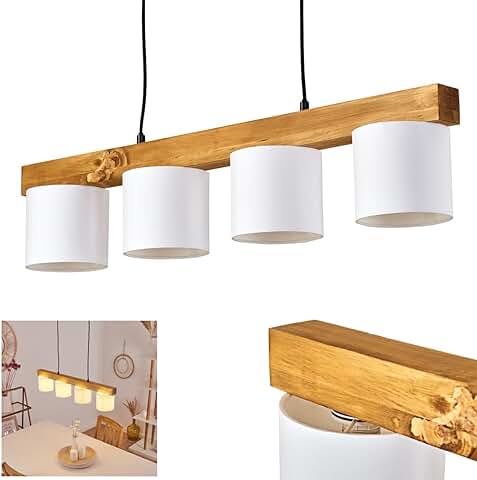 Lámpara Colgante Malimea, Lámpara Colgante de 4 Luces de Metal/madera/tela en Blanco/naturaleza, Lámpara Colgante con Vigas de Madera y Pantallas de Tela, Altura Máx. 135 cm, 4 x E14, sin Bombilla(s)  