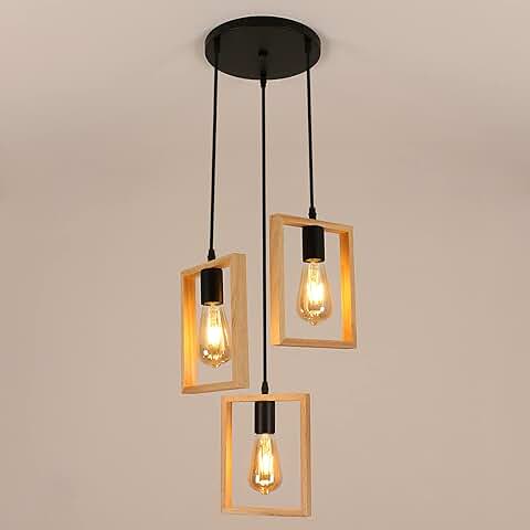 Lámpara Colgante Vintage 3 Luces, Lampara de Techo Industrial Diseño de Marco, E27 Lampara Colgante de Madera Altura Regulable para Dormitorio Sala de Estar Cocina Comedor (No Incluye Bombilla)  