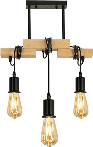 Lámpara Colgante Vintage, Lámpara Colgante de Techo de Madera Industrial, Lámpara de Techo Retro Negro con E27 para Dormitorio, Salón, Cafetería, Restaurante, 3 Luces (Bombilla No Incluida)  