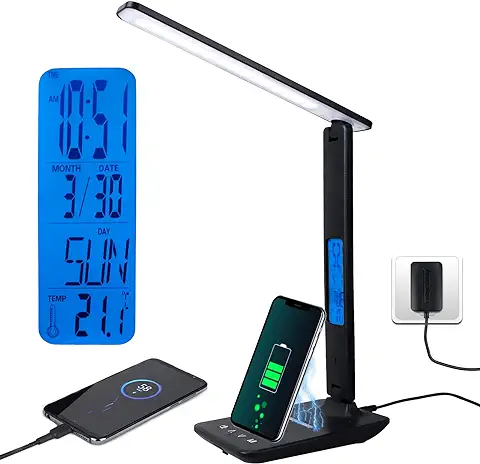 Lámpara de Escritorio LED con Carga Inalámbrica de 10 W, Lámpara de mesa Plegable USB, Lámpara de Control Táctil, 3 Modos de Iluminación 5 Niveles de Brillo, Tiempo, Temperatura, Reloj y Memoria  