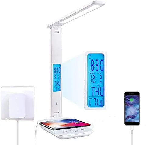 Lámpara de Escritorio LED con Carga Inalámbrica,Morwealth Lámpara de mesa con 10 W QI Carga Inalámbrica,Flexo 3 Colores y 5 Niveles de Brillo, Puerto de Carga USB, Control Táctil  