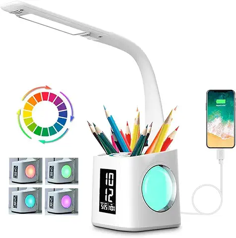 Lámpara de Escritorio LED con Portalápices, 10W Lámpara de Mesa Regulable con Pantalla LCD, Luz de Noche 3 Niveles de Brillo y 256 Colores de Luz RGB Control Táctil y Carga USB para Estudiar y Dormir  