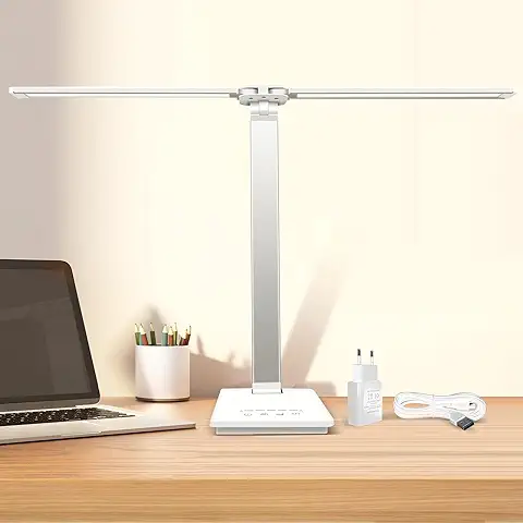 Lámpara de Escritorio LED, Lámparas de Escritorio para la Oficina en Casa, Lámpara de Escritorio LED de Doble Cabezal, Control Táctil de Brillo y Temperatura de Color Ajustable, Puerto USB de Carga  