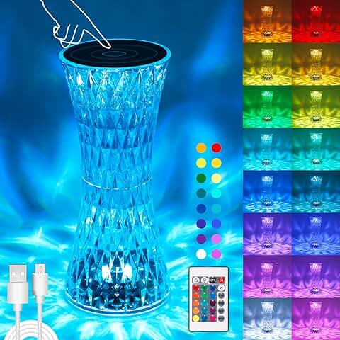 Lámpara de Mesa de Diamante de Cristal, Lámpara de Noche con Control Táctil con Mando A Distancia,16 Colores Cambiantes,luz Led Acrílica de Rosa Romántica Creativa para El Dormitorio,la Sala De Estar  