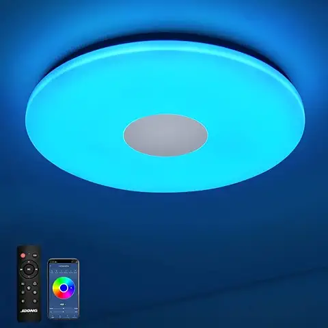 Lámpara de Techo 24W, ⌀30 CM,JDONG Bluetooth con Aplicación de Control Remoto y Altavoz Lámpara de Techo LED Regulable con Opción de Cambio de Color, Función de luz Nocturna，Ruido Blanco,ip44  