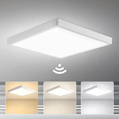 Lámpara de Techo LED 28W con Sensor de Movimiento, 3000K-6000K Plafón Luz Led Cuadrada Blanca Ultrafina con Detector de Movimiento, 30CM Lampara Techo para Porche, Garaje, Balcón  