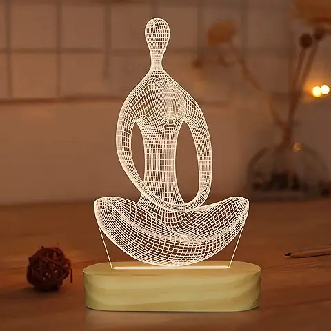 Lámpara de yoga LED 3D arte luz Nocturna para Niñas Mujeres Meditación Amantes Regalos de Cumpleaños USB Power Warm Color Madera Base Lámpara de mesa  