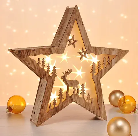 Lámpara Decorativa LED con Diseño de Estrella en 3D, de Madera Auténtica, con 10 Ledes de Color Blanco Cálido  