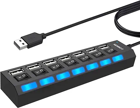 LOBKIN USB Hub de 7 Puertos con Interruptor Separado e Indicador LED,Ladron Multi USB,Extensor Concentrador Multiplicador USB para PC  