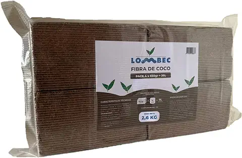 LOMBEC Fibra de Coco Pack de 4 x 650gr (36L) - Ladrillos Compactados de Fibra de Coco Deshidratada (Peso Neto: 2,6KG) - Medio de Cultivo Ideal para Huertos Urbanos  