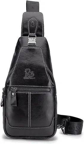 LOONGYOON Bolsa de Pecho Para Hombres Bolso de Cuero Genuino Deportes y Ocio al Aire Libre Bolsa Pectoral Multifuncional Vintage de Moda e Impermeable Negro  