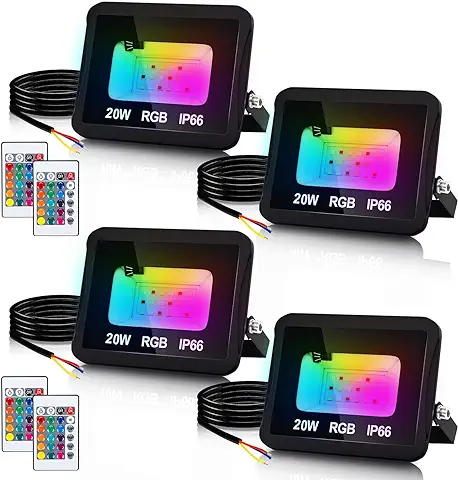 Lospitch Foco 4er 20W RGB, foco Exterior LED con Mando a Distancia, foco de Cambio de Color RGB Exterior, 16 Colores 4 Modos Coloridos Regulables, Jardín Garaje árbol boda Decoración  