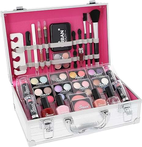 LOVE URBAN BEAUTY Estuche de Maquillaje Vegano Essentials - Set de Maquillaje Vegano de 64 Piezas para Adolescentes - Elegante Caja Plateada - Diseño Compacto y Ligero  