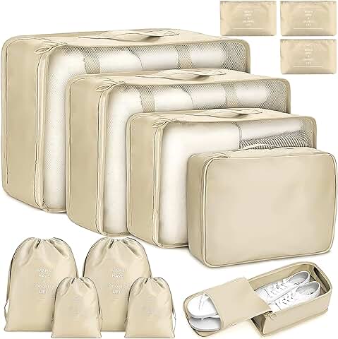 LPAOIS 12 PCS Organizador de Maletas,Cubos de Embalaje,Impermeable Organizador Maleta Viaje,Bolsas de Embalaje para Maletas Para Ropa,Zapato,Cosméticos,Ropa Interior（Beige）  