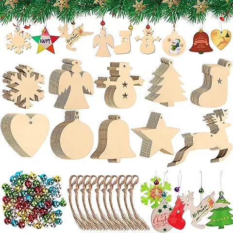 LPAOIS 300 Piezas 10 Estilos Colgantes de Madera para Navidad, Ornamentos de Navidad,Adornos de Navidad Madera, Colgantes de Madera para Árbol para Navidad con 100 Cuerdas y 100 Cascabeles  