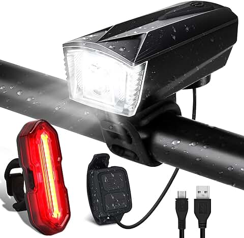 Luces Bicicleta Delantera y Trasera Impermeable IP65, Luz Bicicleta LED Recargable USB, con Control Remoto de Bocina/Luces, Giratoria 360 °, 6+5 Modos, para Carretera y Montaña  