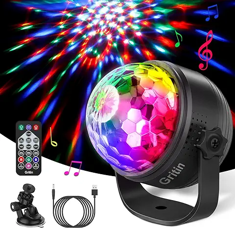 Luces Discoteca, Gritin Rotación de 360° Activada por Sonido Luces de Fiesta de Bola de Discoteca con Control Remoto- 3W RGB Efecto de Luz Dinámico, 4M USB Cable para Cumpleaños, Reunión, Navidad  