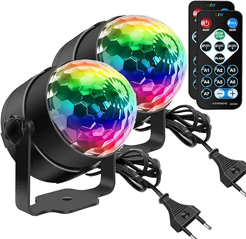 Luces Discoteca, SEBRUANC Mini bola Discoteca Giratoria LED 3W RGB, Rotación de 360° Activada por Sonido Luces de Fiesta de Bola de Discoteca con Control Remoto for Home, Birthday, KTV, Christmas 2pc  