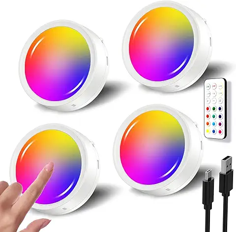 Luces LED Vitrina RGB con Mando, Batería de 1600mAh Luz LED Armario Colores Recargable USB Foco LED Inalambrico con Pulsador Lámpara Bajo Mueble Cocina Sin Cable Iluminacion Nocturna Pilas Escalera  