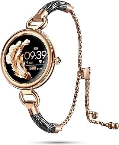 LUNIQUESHOP Smartwatch, Reloj Inteligente Inteligente para Mujer, Seguimiento de Frecuencia Cardíaca, Sueño, Presión Física, Pulsera Inteligente, Android/iOS, Dorado  