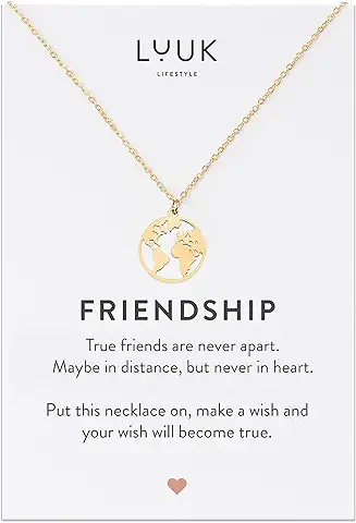 LUUK LIFESTYLE Collar de Acero Inoxidable con Colgante de Corazón I hoja de Trébol I Estrella I Ancla I Globo I Infinito, Tarjeta FRIENDSHIP, joya de Mujer, Regalo, Amuleto de Suerte, Plata, oro, rosa  