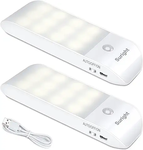 Luz Armario Recargable, [2 Piezas] Luz con Sensor de Movimiento, AUTO/ON/OFF, Luz Nocturna con Banda Magnética, Lámpara Nocturna para Armario, Pasillo, Escalera, Sótano, Cocina, Garaje, Blanca Cálida  