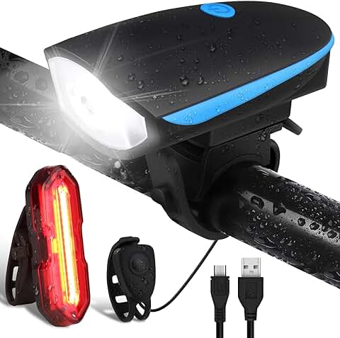 Luz Bicicleta LED con Zumbador, Luces Bicicleta Delantera y Trasera Recargable USB, 1200mAh Super Brillante Luz Bicicleta Delantera, Impermeable IP65, 3 + 5 Modos, para Ciclismo de Montaña y Carretera  