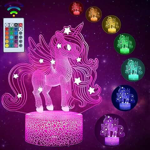 Luz de Noche de Unicornio para Niños, Lámpara de luz 3D, Cambio de 16 Colores con Interruptor Táctil, Control Remoto para Regalos, Cumpleaños, Festival, Dormitorio, Decoración, Regalo de Cumpleaños  