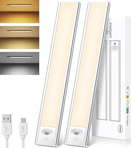 Luz Led Armario con Sensor de Movimiento 32cm, 84LED Cocina Bajo Mueble Recargable, 2000mAh Luz Nocturna con 3 Modos, Regulable Lampara LED Adhesiva para Gabinete, Cocina, Escalera, Pasillo, 2Pack  