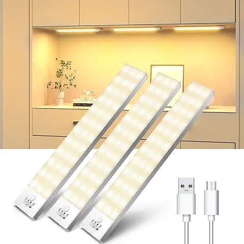 Luz LED Armario Luces con Sensor de Movimiento Luz Calida 4 Modos luz del Gabinete Adhesiva Magnética Recargable 1000mAh Luz Nocturna Lámpara para Cocina, Armario, Pasillo, Enfriador de Vino-3 Piezas  