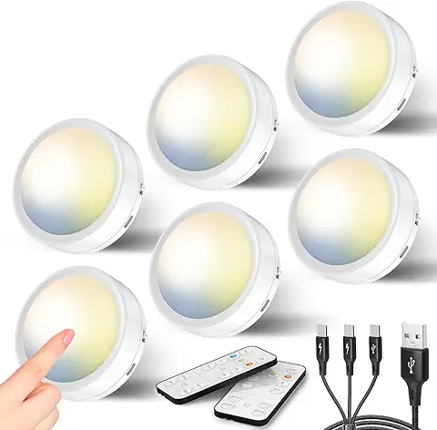 Luz LED Recargable USB, 3 Colores 1600mAh Luces Nocturnas con Pulsador y Mando a Distancia, a Pilas, para Interior, Vitrina Armario, Bajo Mueble, Cocina, Escalera, Adhesivo Sin Cable  