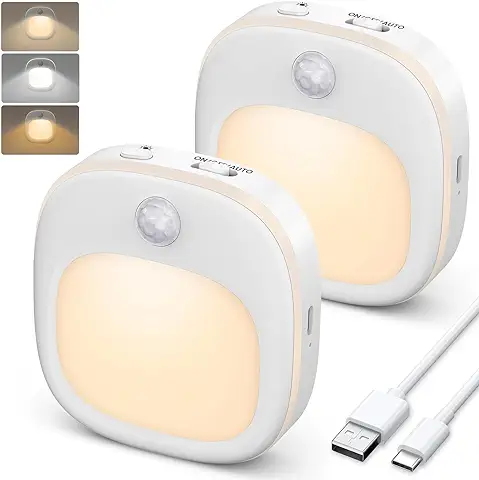 Luz Nocturna con Sensor de Movimiento, [2 Piezas] Luz Nocturna Infantil USB-C Recargable con 3 Modos de Color (Cálido/Frío/Mixto) , 15% -100% Regulable, Luz LED Adhesiva para Escaleras, Pasillo  