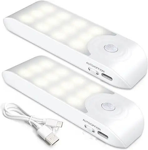 Luz Nocturna, Lámpara Nocturna Recargable con Sensor Movimiento (2 PCs con 24 LED), Luces LED Armario con 3 Modos, Luz Cálida para Armario, Gabinete, Pasillo, Escalera, Sótano, Cocina, Garaje  