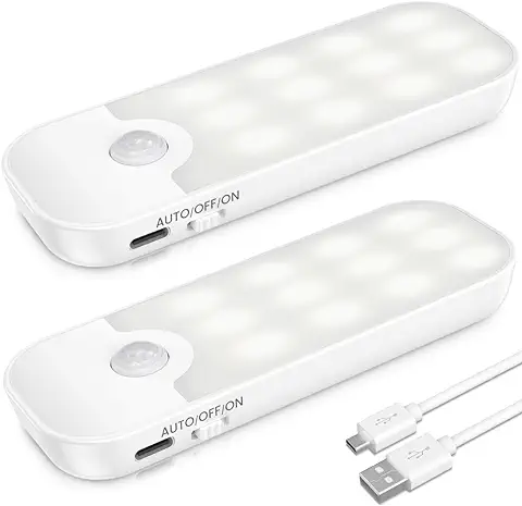 Luz Nocturna,(2 Piezas) 24 LED Luz Armario con Sensor de Movimiento, USB Recargable Luz Nocturna con 3 Modos, Luz Blanca Cálida para Salón de Los Niños, Pasillos, Escaleras, Sótanos, Cocinas, Garajes  