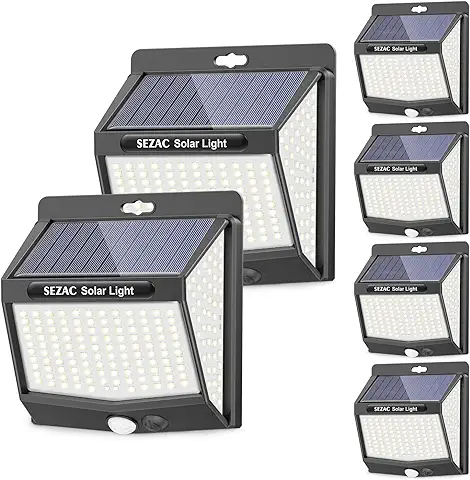 Luz Solar Exterior [6 Paquete/3 Modes] SEZAC 270° Súper Brillante Focos Led con Sensor de Movimiento, IP65, para Jardin, Garajes, Caminos, Puertas Delanteras  