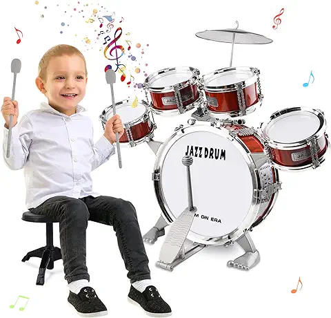 M Zimoon Batería de Música para Niños Kit, Juego Tambor Jazz Junior 5 Tambores con Taburete Para Instrumento Musical de Percusión Día ​Festivo Regalo Uguete Educativo Por Niños Y Niñas Principiantes  