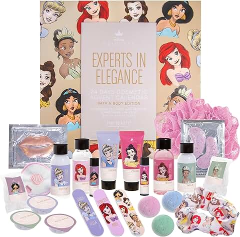 MAD Beauty - Calendario de Adviento Princesas Disney con 24 Productos de Maquillaje y Cosmética, con Mascarilla Facial, Loción Corporal, Banda Elástica para el Cabello  