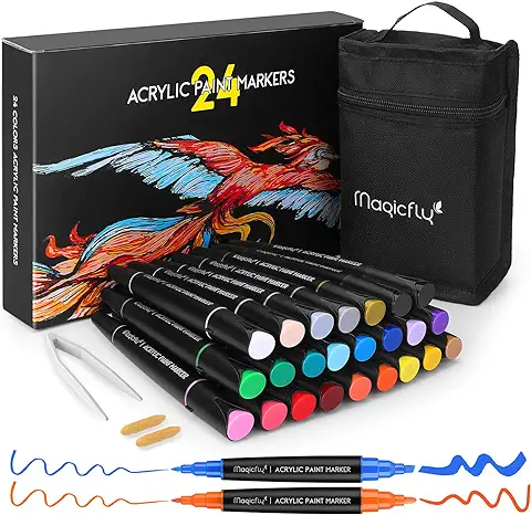 Magicfly Marcadores de Pintura Acrílica 24 Colores, Kit de Rotuladores Acrílicos de Doble Punta, para Rocas, Piedra, Cerámica, Vidrio, Madera, Resistente al Agua, No Tóxico  