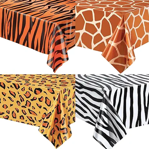 Mantel Desechable de 4 Piezas de Safari de la Selva, 137x274 cm, Estampado de Leopardo, Estampado de Tigre, Estampado de Cebra, Jirafa, Mantel de Plástico, Safari, Accesorios de Fiesta Temáticos  