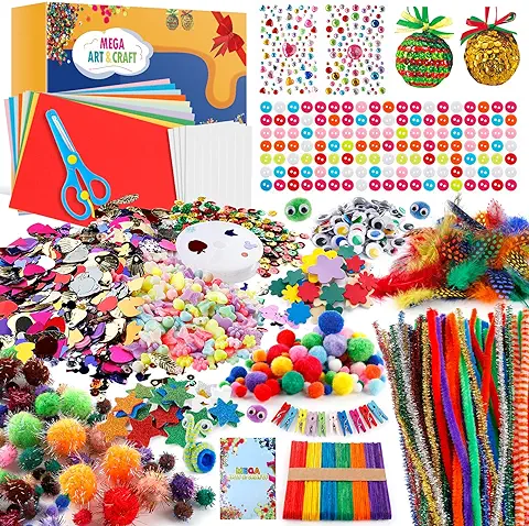 Manualidades Niños 5 6 7 8 Años, Kit Manualidades 1900 Piezas+, Creativo DIY Arts Crafts Materiales, Juegos de Manualidades con 2 Bolas de Navidad, Limpiadores de Pipa, Pompoms, Plumas, Pegatinas  