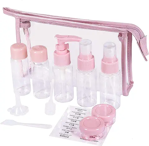 Botellas de Viaje, Líquido Contenedor con Impermeable Bolsa de Aseo Claro PVC, 12pcs Kit Aseo de Viaje para Avion, Recipientes para Maquillaje Cosmético para Champú, Crema, Gel, Rosa  