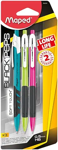 Maped - Accesorios de Escritura - Portaminas Long Life de 0,5 mm - Pack con 3 Unidades - Sistema de Presión Blanda Antideslizante - Sistema de Fácil Recarga - 3 Colores  