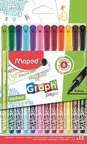 Maped - Rotuladores de Colores para Niños - Graph'Peps Deco - 12 Rotuladores de Punta Media - Tinta no Traspasa el Papel - Empuñadura Triangular - Ideal como Bolígrafo de Escritura  