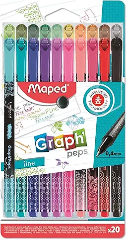 Maped - Rotuladores de Colores para Niños - Graph'Peps Deco - 20 Rotuladores de Punta Fina - Tinta no Traspasa el Papel - Empuñadura Triangular - Ideal como Bolígrafo de Escritura