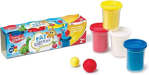 Maped - Set de Manualidades para Niños - Pat Dough 4 Botes Colores Clásicos - A Partir de 2 Años - Masa para Modelar - Textura Suave y No Pegajosa - Azul, Blanco, Amarillo y Rojo  