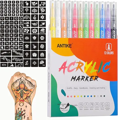 Marcadores para Tatuajes Temporales, 12 Colores Marcadores para Tatuajes y Cosmética Sobre la Piel, Variados 104 Plantillas de Patrón,Tatuajes Temporales para Arte Corporal  