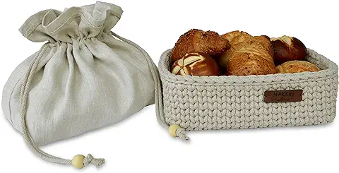 MARKUS Linen Cesto de Hilo de Algodón con Bolsa de Lino - Hecho a Mano - Perfecto para Baño, Cocina, Salón - Cesta para Pan, Fruta 30x20cm, H 9cm - Beige Claro  