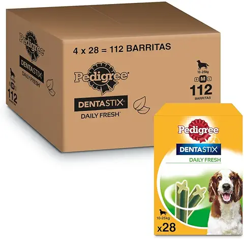 Mars Pedigree Dentastix Fresh Snack Dental para la Higiene Oral y Contra el Mal Aliento de Perros Medianos (4 Paquetes de 28ud)  