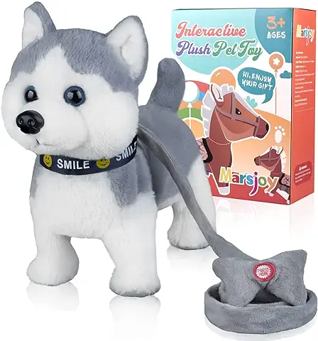 Marsjoy Husky Juguete Perro Pascua Regalos para Niños Mascota Perro Juguete Niña Niño Juguete Interactivo de Peluche con Caminar, Ladrar, Meneo Cola, Función de Canto  